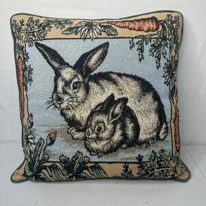 Woven Tapestry Rabbit Pillow Vintage Style Bunny Carrots 16x16 Square By Fashion